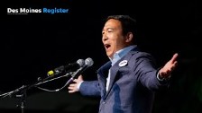 Andrew Yang speaks at the Iowa Democratic Wing Din...